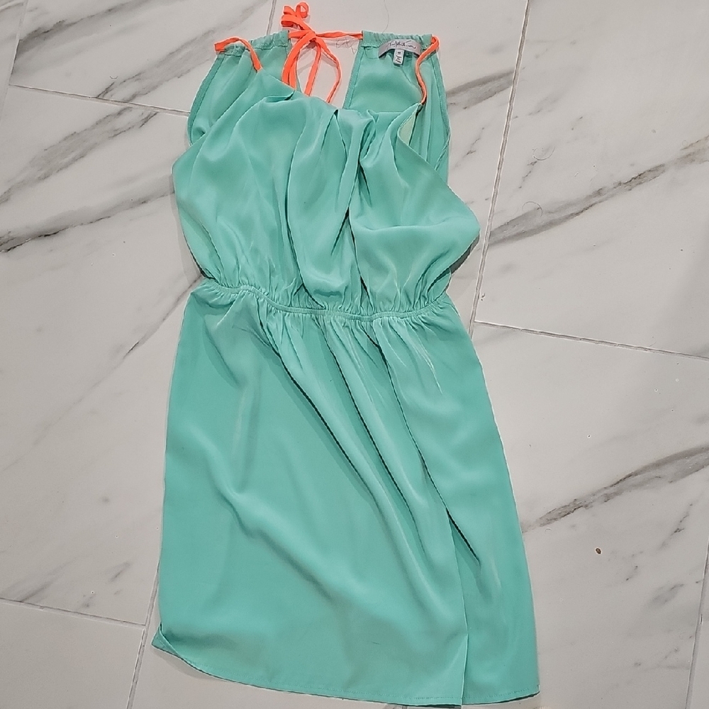 Mint Green Midi Dress with Orange Accents